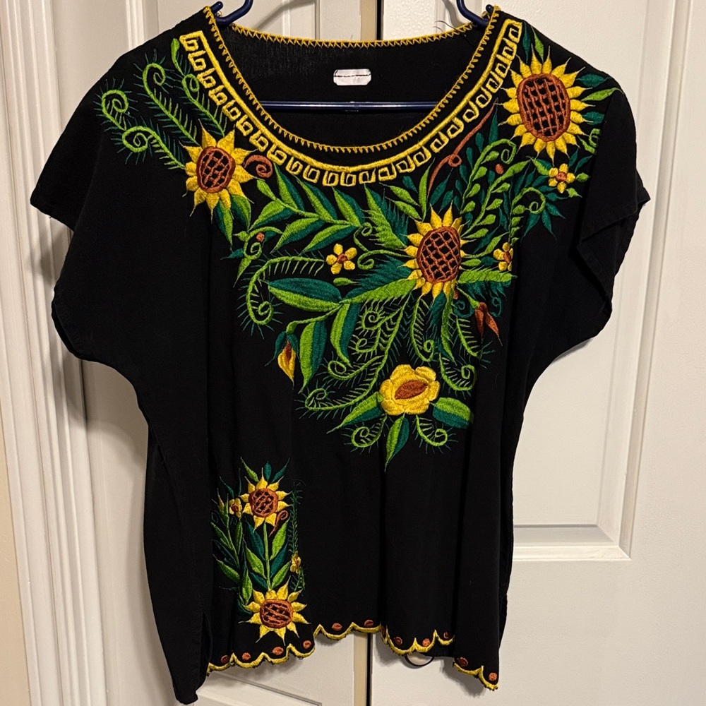 Sunflower Embroidered Black Blouse